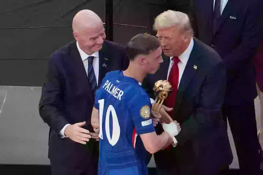 Cole Palmer receives Player of the Match award as Trump steals FIFA Club World Cup trophy