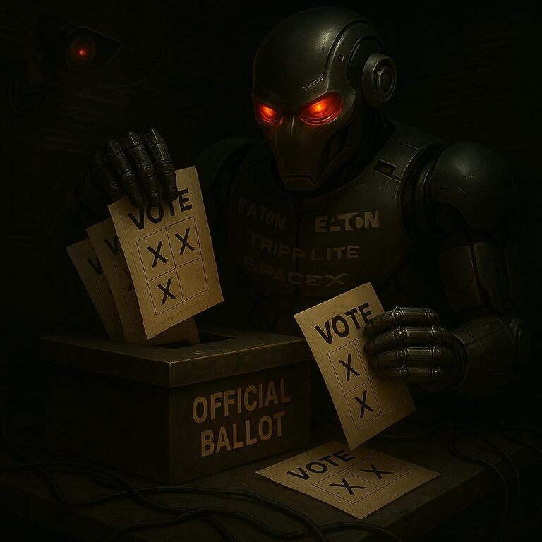 Metallic humanoid robot engraved with corporate logos including Palantir, Eaton, Tripp Lite, and SpaceX manipulating ballots in a polling station, symbolizing technological election interference and corporate conspiracy in 2024 election fraud