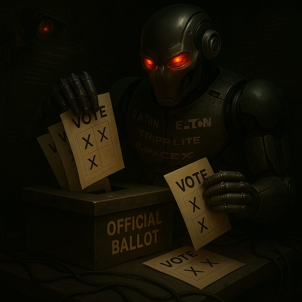 Metallic humanoid robot engraved with corporate logos including Palantir, Eaton, Tripp Lite, and SpaceX manipulating ballots in a polling station, symbolizing technological election interference and corporate conspiracy in 2024 election fraud