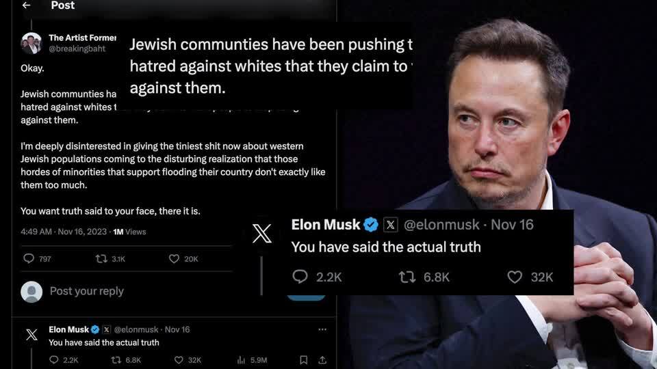Screenshot showing Elon Musk endorsing an antisemitic post on X that claims Jewish communities promote hatred against white people.