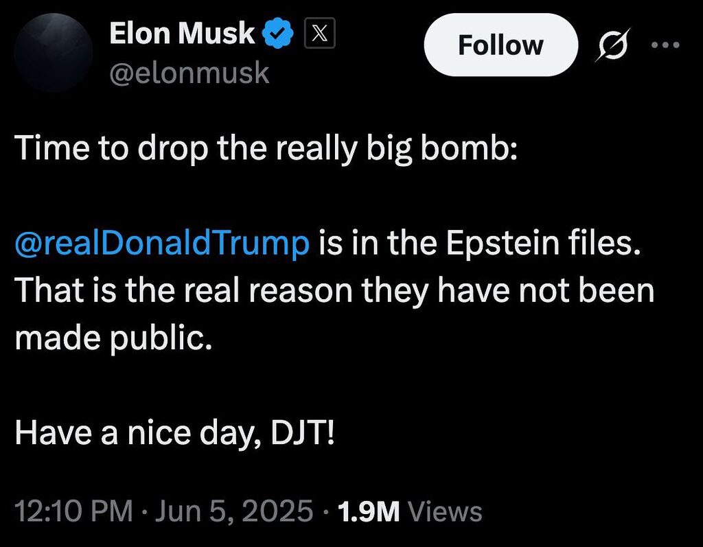 Screenshot of Elon Musk tweet claiming Donald Trump appears in Epstein files