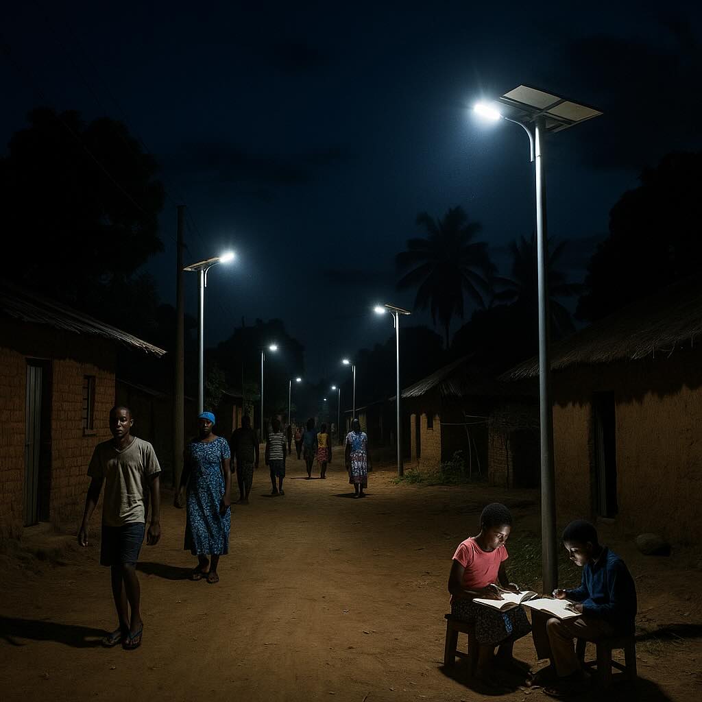 Villagers walking and children studying under solar-powered streetlights in a Goma neighborhood at night.