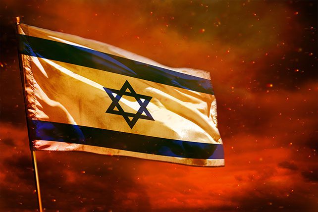 Israeli flag waving against an apocalyptic red sky, symbolizing Christian Zionist end-times prophecy and Israel’s role in apocalyptic narratives
