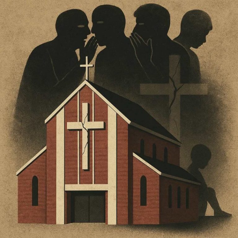 Illustration showing a shadowy church building with a locked door and silhouettes of church leaders turning away from a small, isolated child—symbolizing the cover-up and betrayal of abuse survivors at New Life Church.