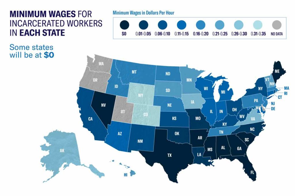 Color-coded map of the United States illustrating the minimum hourly wages for incarcerated workers by state in 2025, with several Southern and Western states paying $0 and others paying only a few cents per hour.