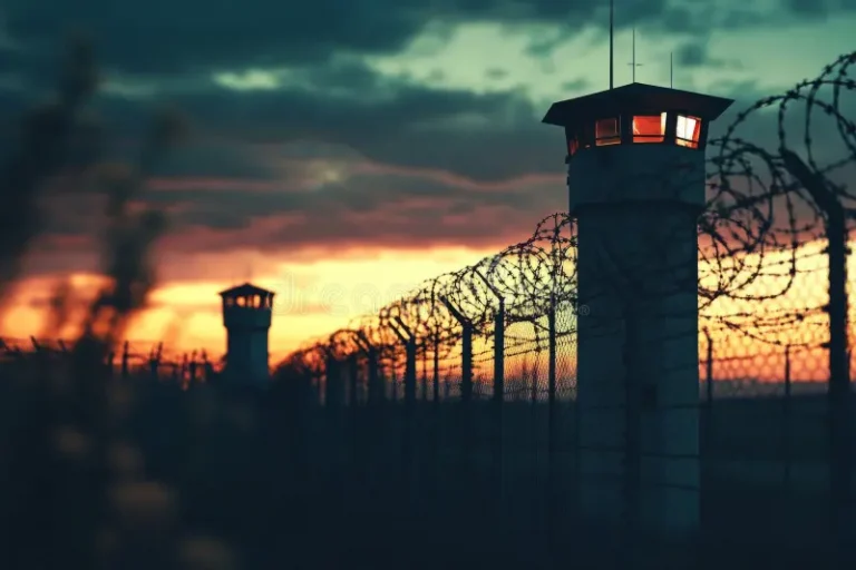 Photograph of barbed wire fencing and guard towers at a U.S. prison, shot at dusk for a dramatic effect.