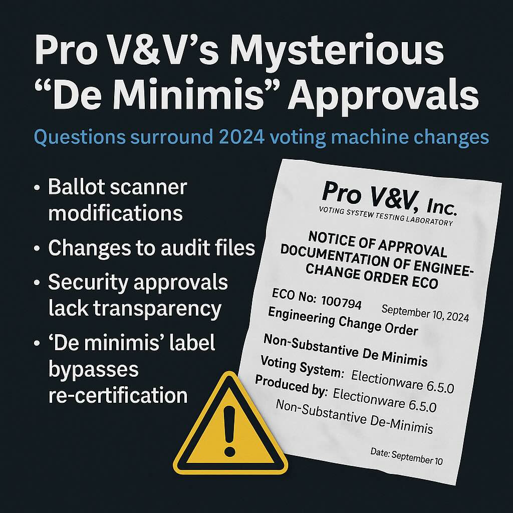 Graphic titled “Pro V&V’s Mysterious ‘De Minimis’ Approvals” showing bullet points on voting‑machine changes and a dated approval notice labeled “Non‑Substantive De Minimis” for Electionware 6.5.0.