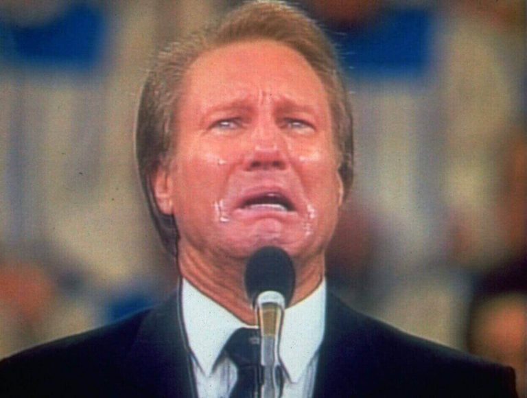 Jimmy Swaggart delivering his infamous televised confession in 1988, visibly sobbing and pleading for forgiveness—a moment emblematic of televangelist hypocrisy and public manipulation.