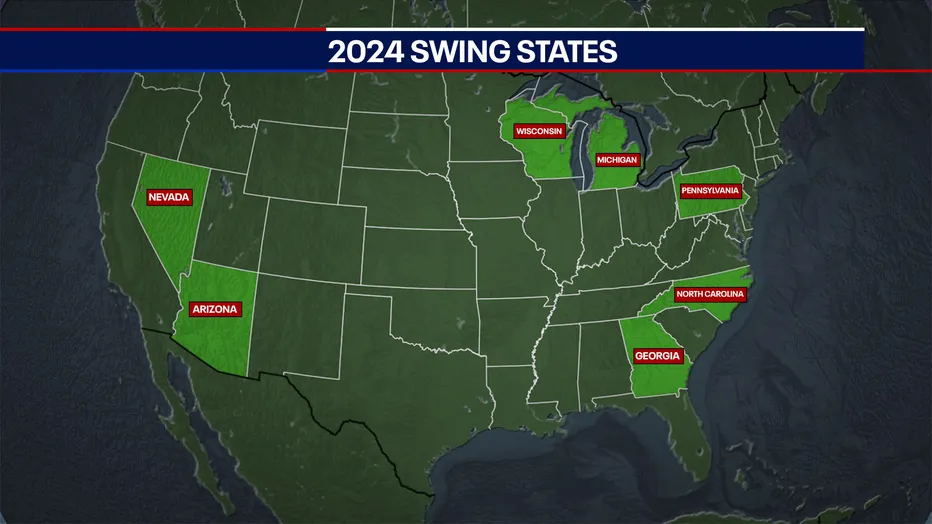 Map highlighting 2024 key swing states (AZ, MI, WI, PA, FL, NC) for election fraud evidence article.