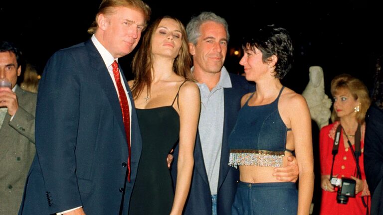 Donald Trump and Jeffrey Epstein pose with Melania Knauss and Ghislaine Maxwell at Mar-a-Lago party in February 2000